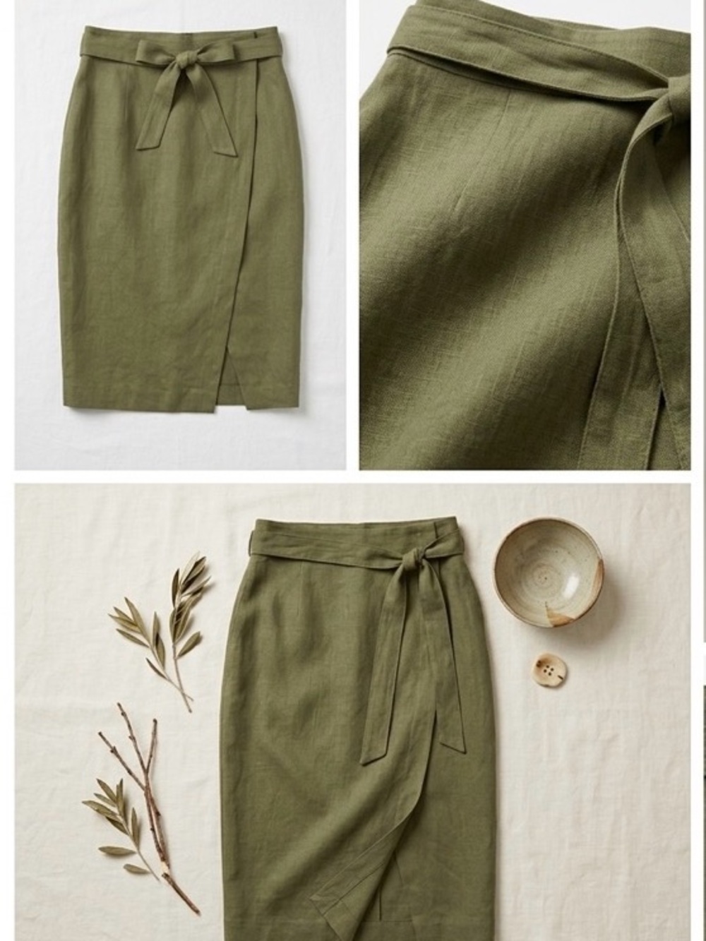 RW&CO. Olive Wrap Pencil Skirt with Self Tie - Linen Blend